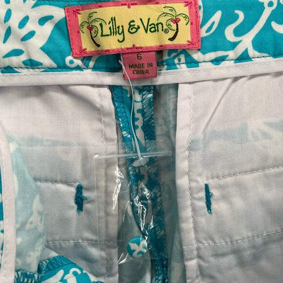 Lilly & Van Chino Pants Women 6 Blue White Floral Tiger Crop Stretch Tropical - Picture 10 of 12
